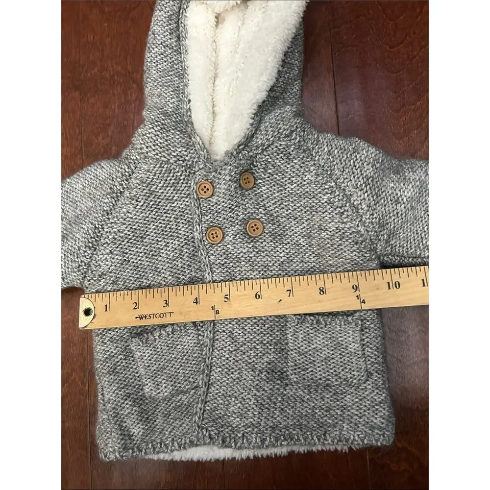 Zara Kid’s Gray Knit Hooded Baby Sweater with Cream Sherpa Lining, Size 1-3 M